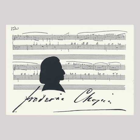 
        Front of silhouette, with man looking right, in the background musical stave, with the signature of the subject of the silhouette.